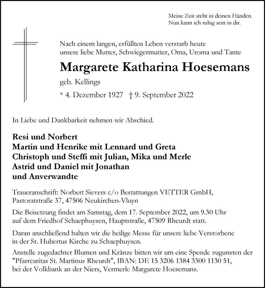  Traueranzeige für Margarete Katharina Hoesemans vom 14.09.2022 aus Rheinische Post