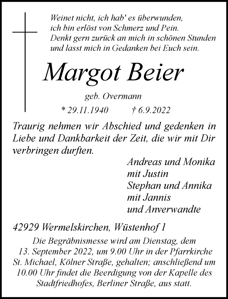  Traueranzeige für Margot Beier vom 10.09.2022 aus Rheinische Post