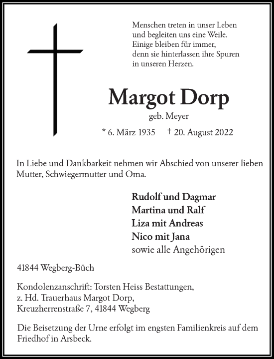 Traueranzeige von Margot Dorp von Rheinische Post