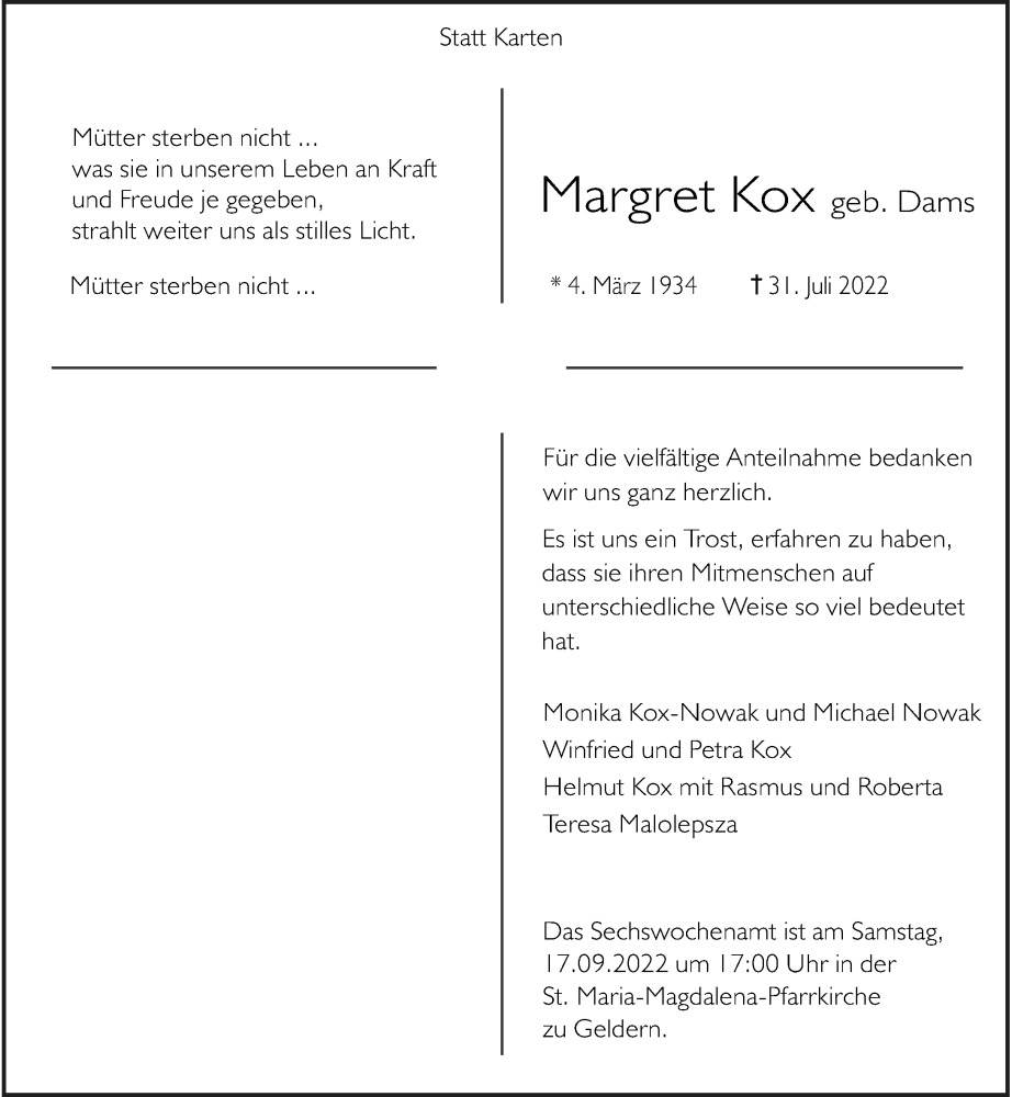  Traueranzeige für Margret Kox vom 10.09.2022 aus Rheinische Post