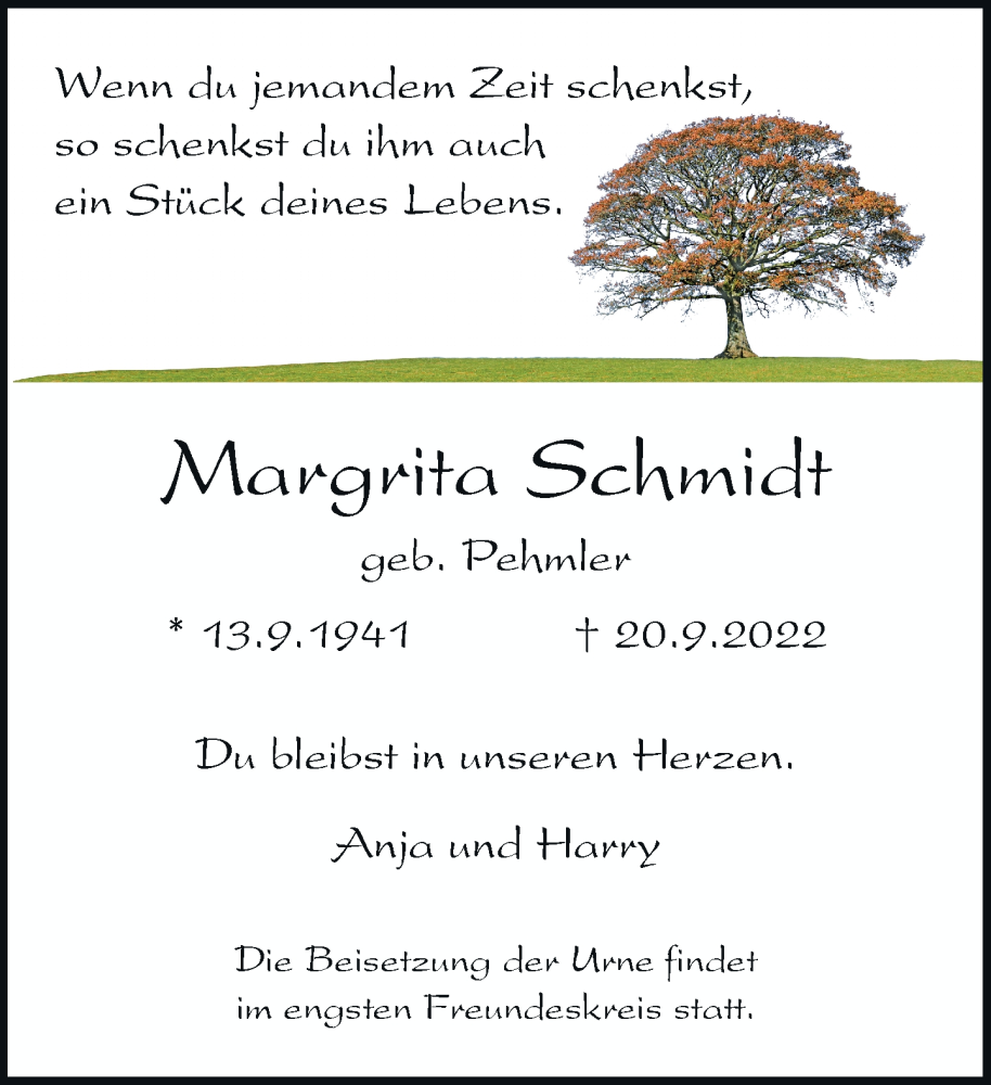  Traueranzeige für Margrita Schmidt vom 24.09.2022 aus Rheinische Post