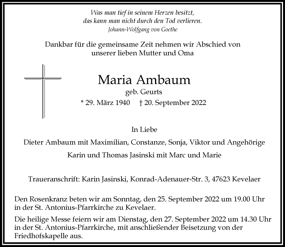  Traueranzeige für Maria Ambaum vom 23.09.2022 aus Rheinische Post
