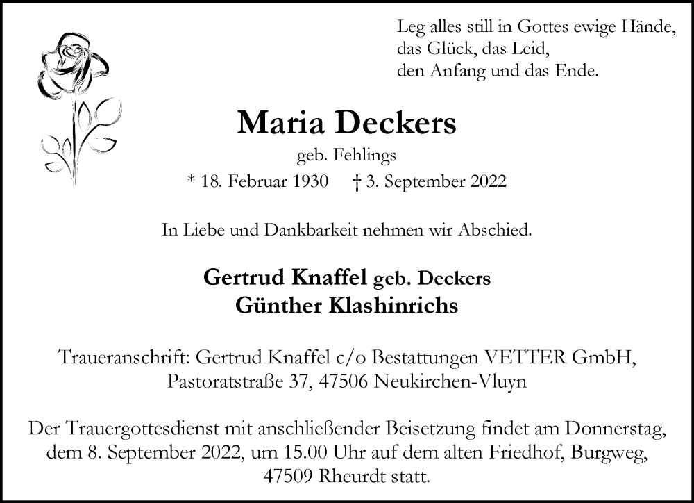  Traueranzeige für Maria Deckers vom 08.09.2022 aus Rheinische Post