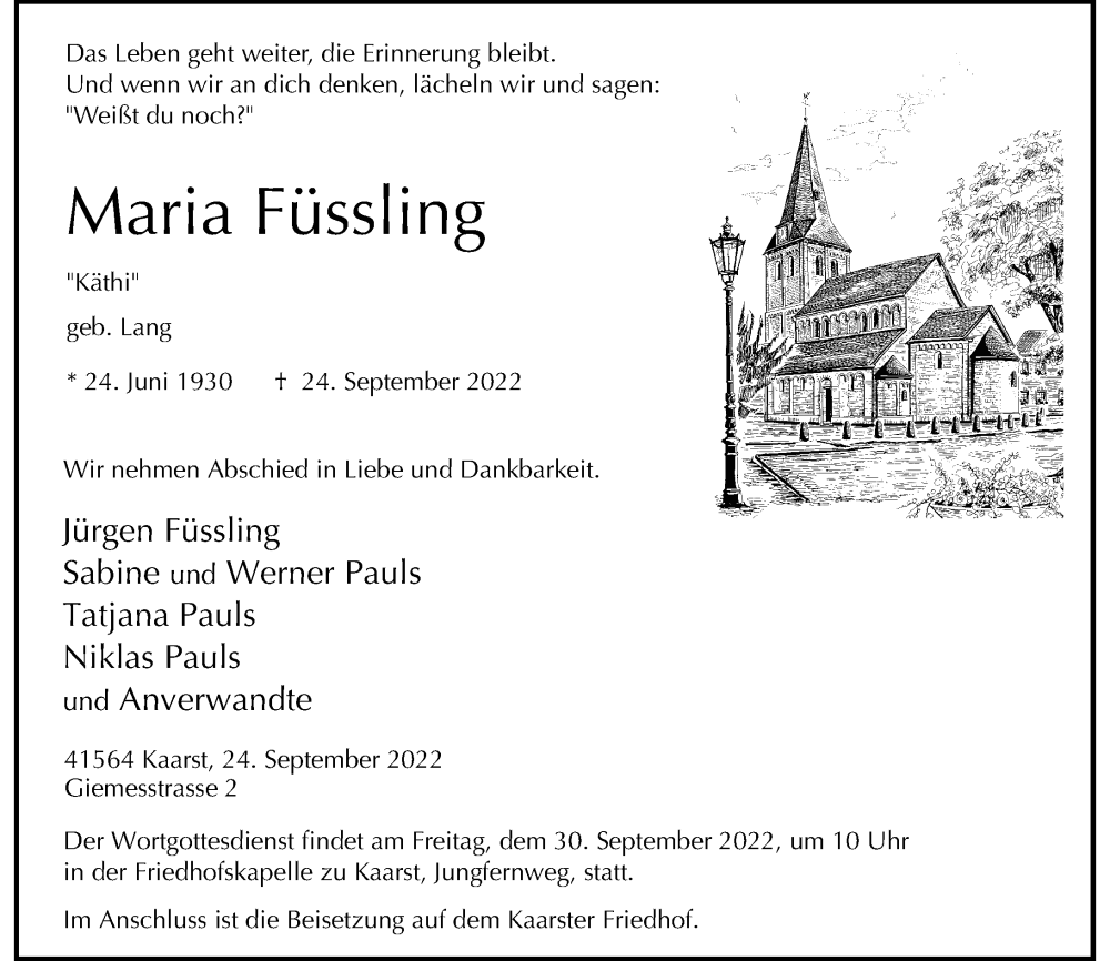  Traueranzeige für Maria Füssling vom 28.09.2022 aus Rheinische Post