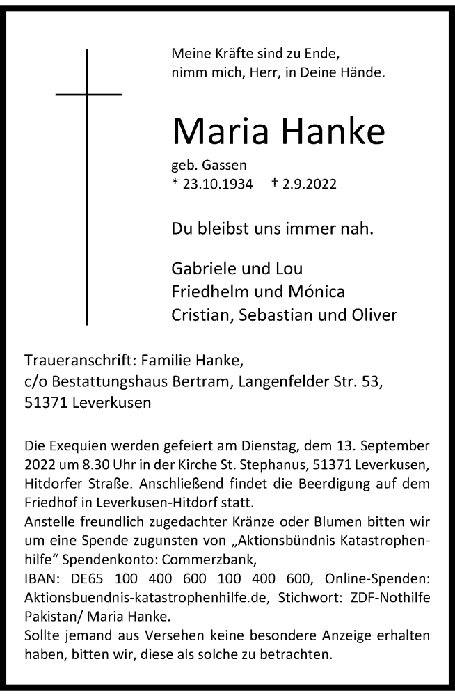  Traueranzeige für Maria Hanke vom 10.09.2022 aus Rheinische Post