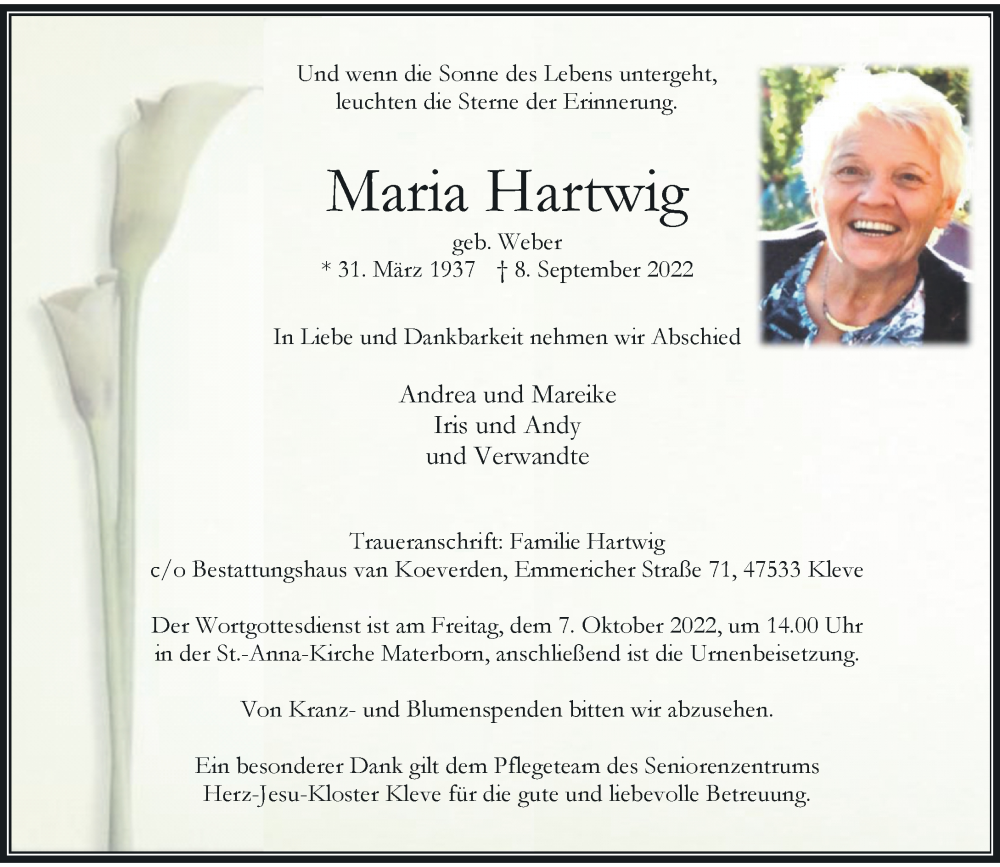  Traueranzeige für Maria Hartwig vom 17.09.2022 aus Rheinische Post
