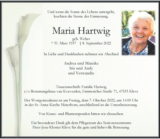 Traueranzeige von Maria Hartwig von Rheinische Post