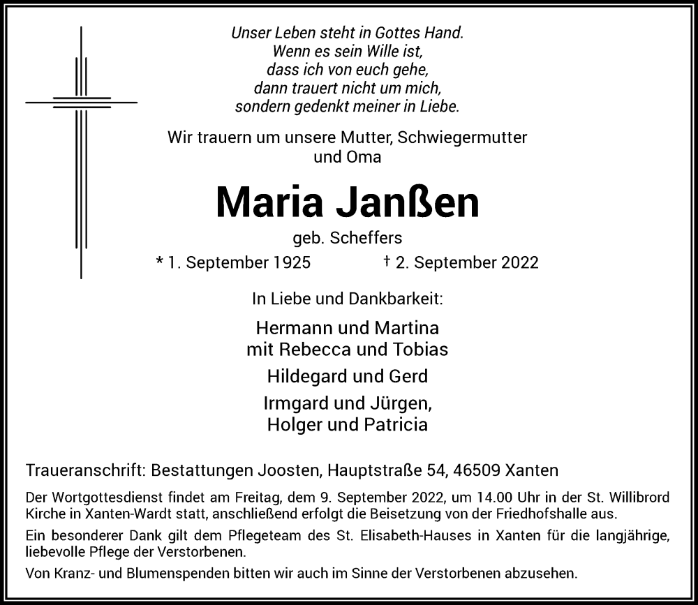  Traueranzeige für Maria Janßen vom 07.09.2022 aus Rheinische Post