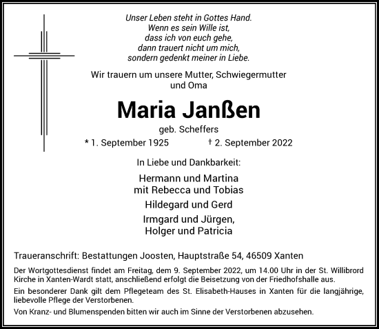 Traueranzeige von Maria Janßen von Rheinische Post