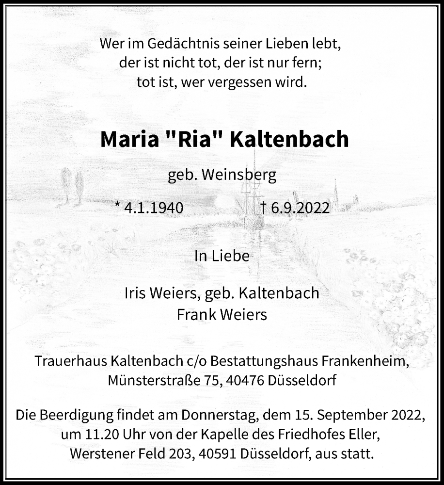  Traueranzeige für Maria Kaltenbach vom 10.09.2022 aus Rheinische Post
