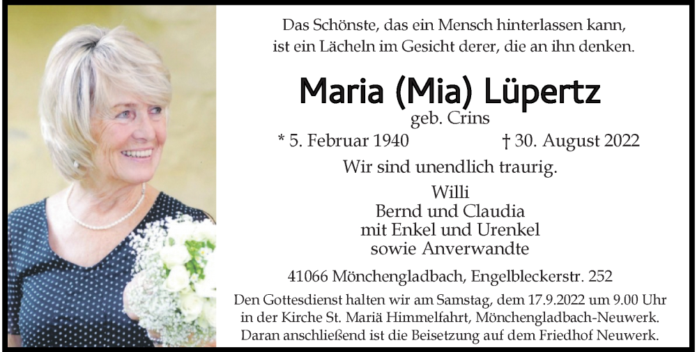  Traueranzeige für Maria Lüpertz vom 03.09.2022 aus Rheinische Post