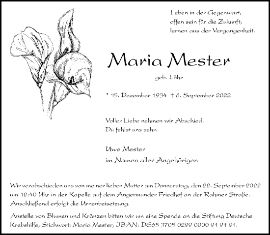 Traueranzeige von Maria Mester von Rheinische Post