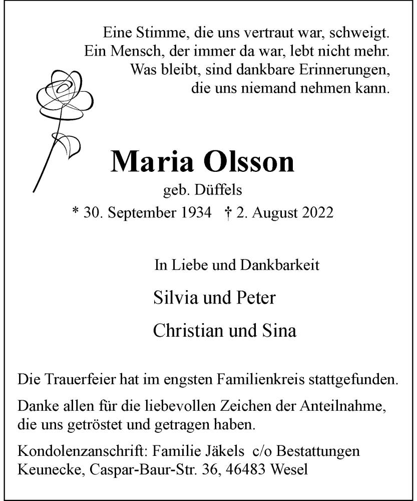  Traueranzeige für Maria Olsson vom 03.09.2022 aus Rheinische Post
