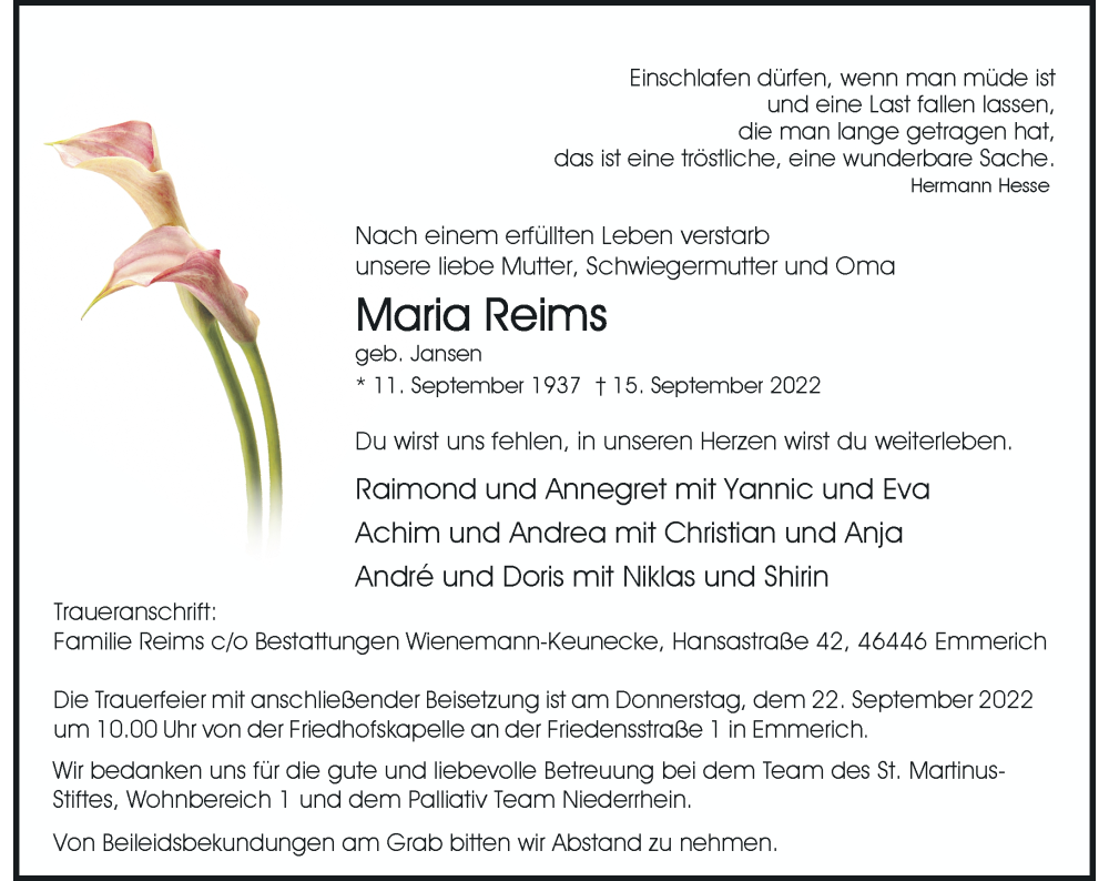  Traueranzeige für Maria Reims vom 20.09.2022 aus Rheinische Post