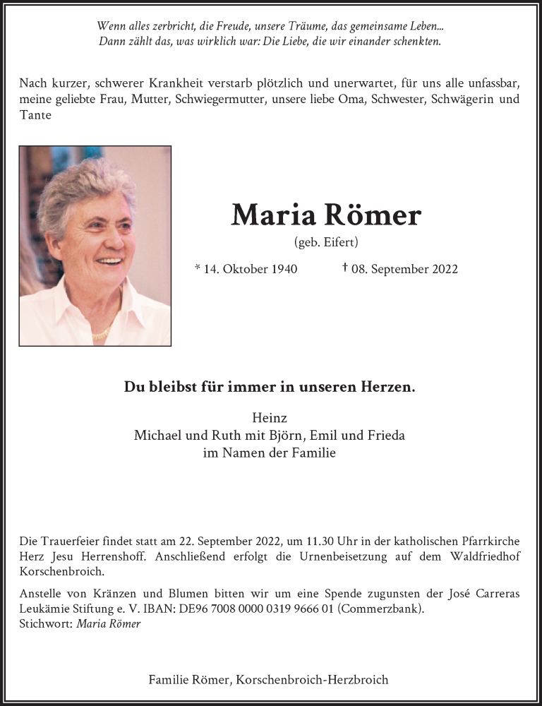  Traueranzeige für Maria Römer vom 17.09.2022 aus Rheinische Post