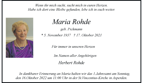 Traueranzeige von Maria Rohde von Rheinische Post