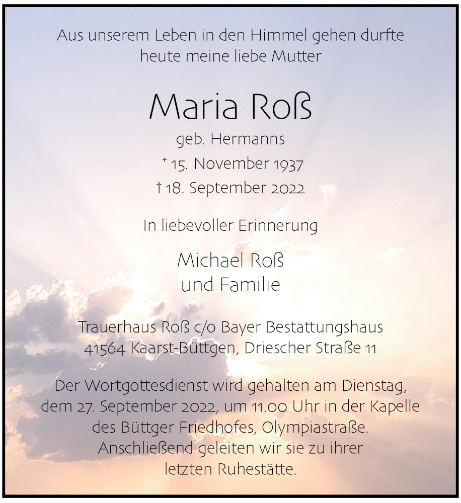  Traueranzeige für Maria Roß vom 21.09.2022 aus Rheinische Post