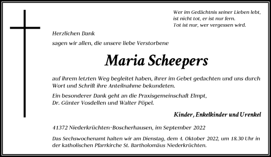 Traueranzeige von Maria Scheepers von Rheinische Post