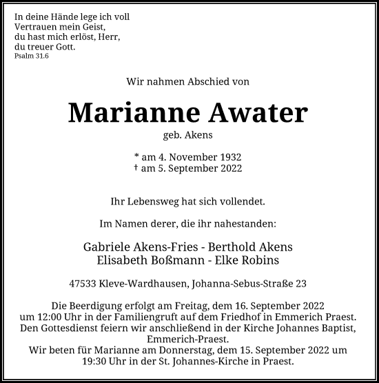 Traueranzeige von Marianne Awater von Rheinische Post