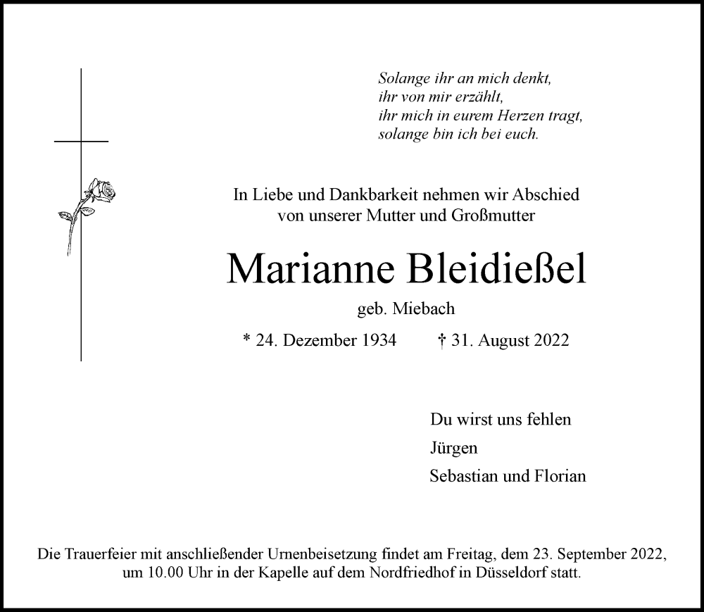  Traueranzeige für Marianne Bleidießel vom 17.09.2022 aus Rheinische Post