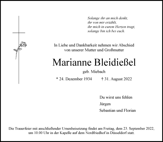 Traueranzeige von Marianne Bleidießel von Rheinische Post