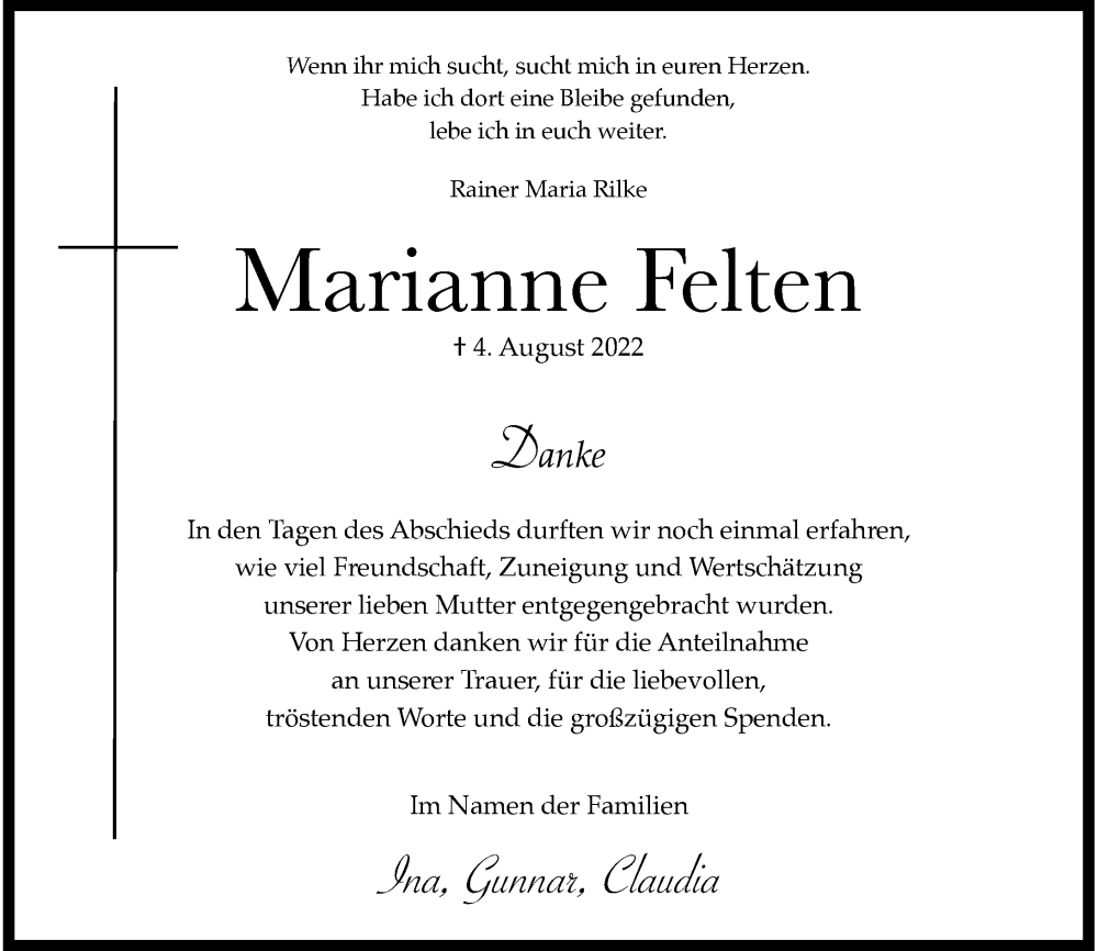  Traueranzeige für Marianne Felten vom 24.09.2022 aus Rheinische Post