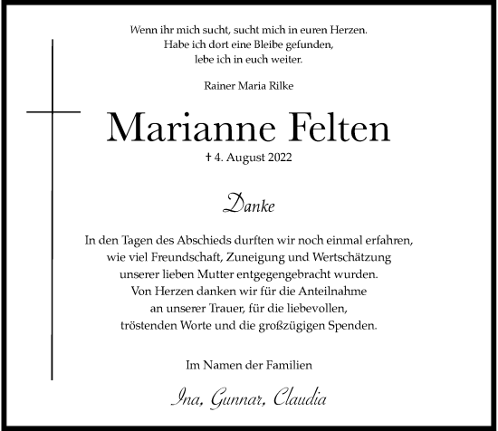 Traueranzeige von Marianne Felten von Rheinische Post