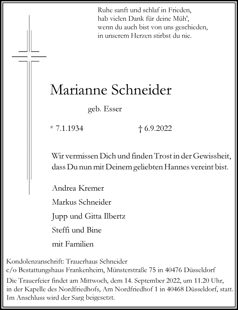  Traueranzeige für Marianne Schneider vom 10.09.2022 aus Rheinische Post