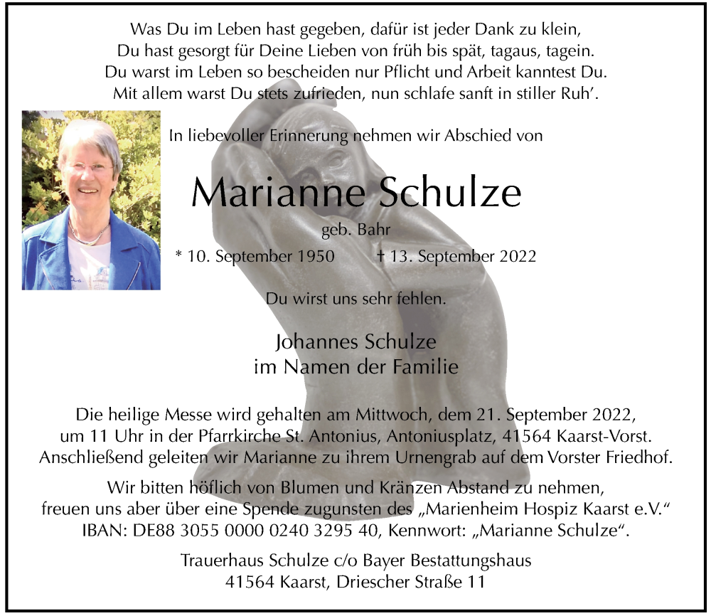  Traueranzeige für Marianne Schulze vom 17.09.2022 aus Rheinische Post