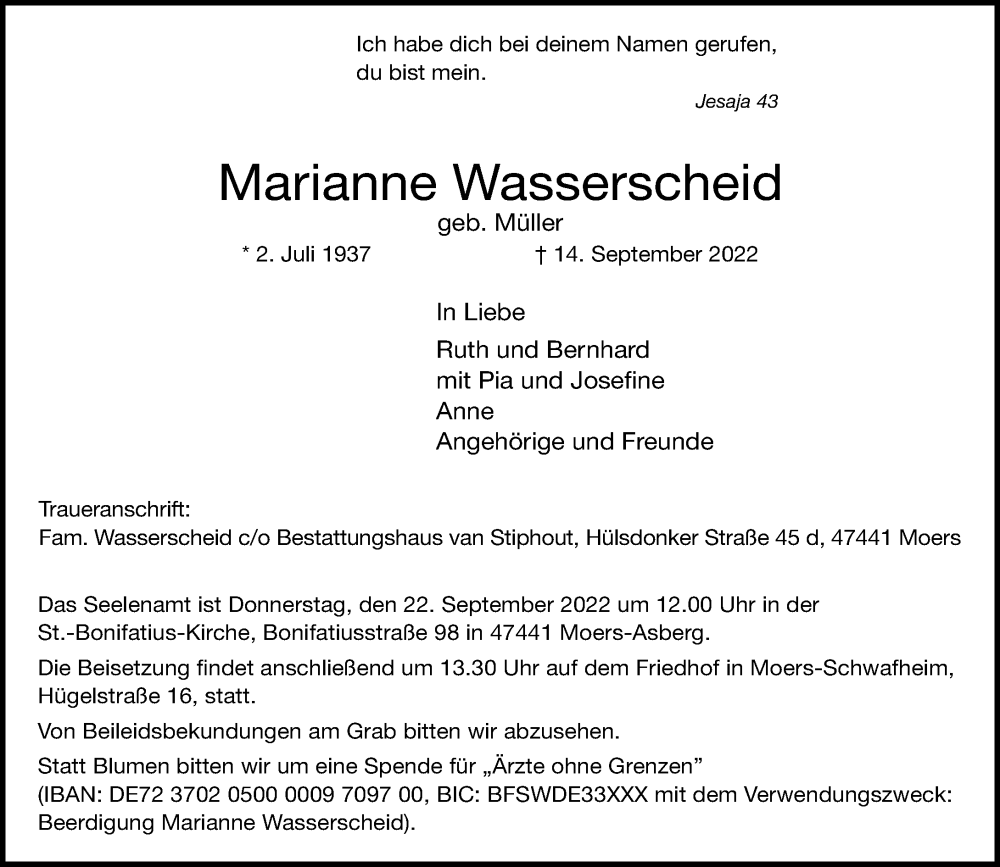  Traueranzeige für Marianne Wasserscheid vom 17.09.2022 aus Rheinische Post
