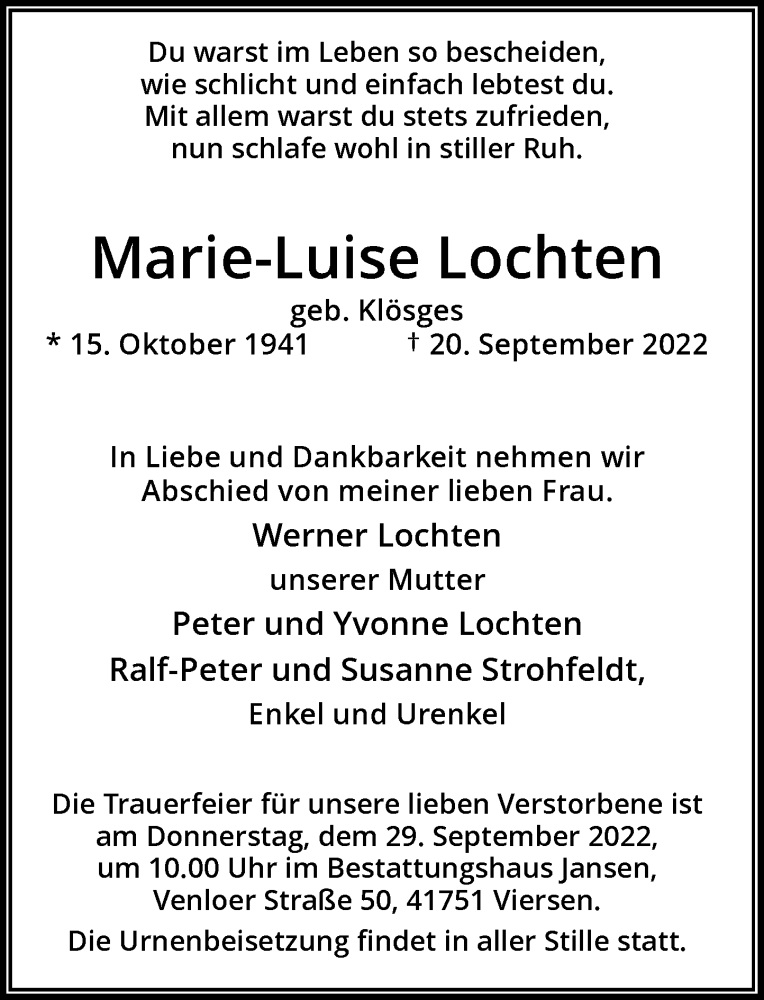  Traueranzeige für Marie-Luise Lochten vom 24.09.2022 aus Rheinische Post
