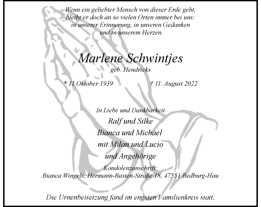  Traueranzeige für Marlene Schwintjes vom 10.09.2022 aus Rheinische Post