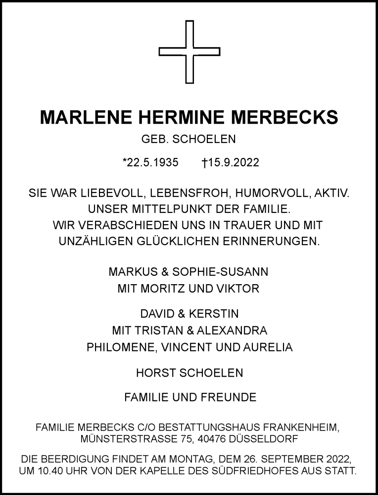  Traueranzeige für Marlene Hermine Merbecks vom 24.09.2022 aus Rheinische Post