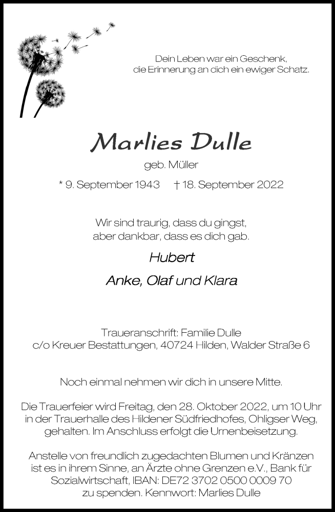  Traueranzeige für Marlies Dulle vom 24.09.2022 aus Rheinische Post