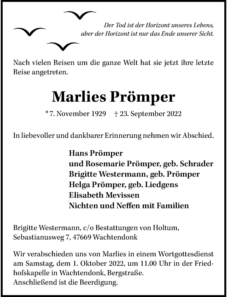  Traueranzeige für Marlies Prömper vom 28.09.2022 aus Rheinische Post