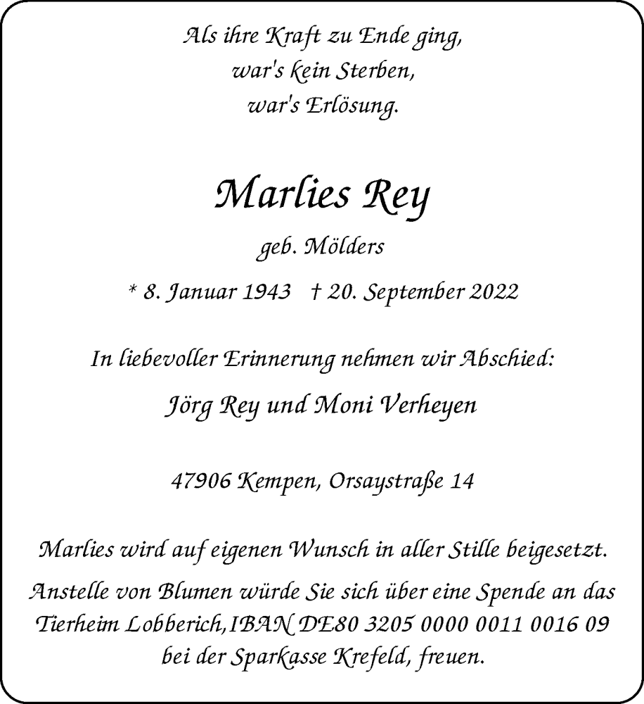  Traueranzeige für Marlies Rey vom 24.09.2022 aus Rheinische Post