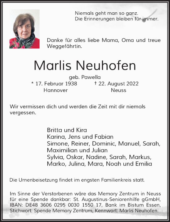 Traueranzeige von Marlis Neuhofen von Rheinische Post