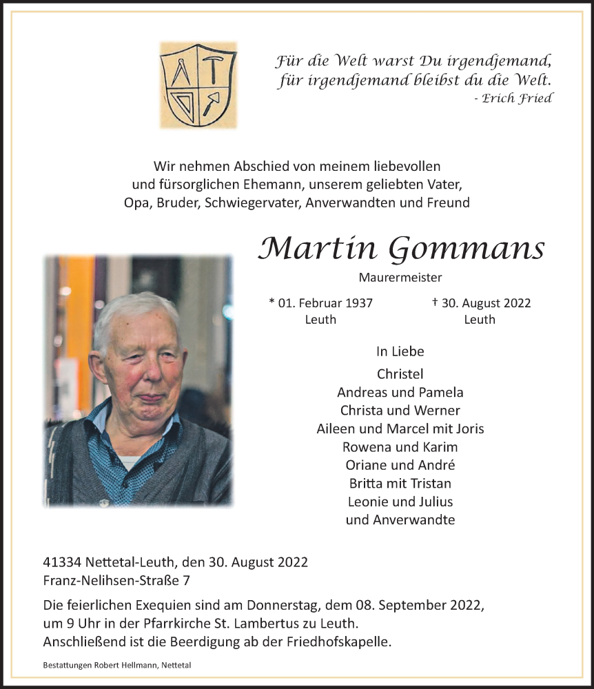  Traueranzeige für Martin Gommans vom 03.09.2022 aus Rheinische Post