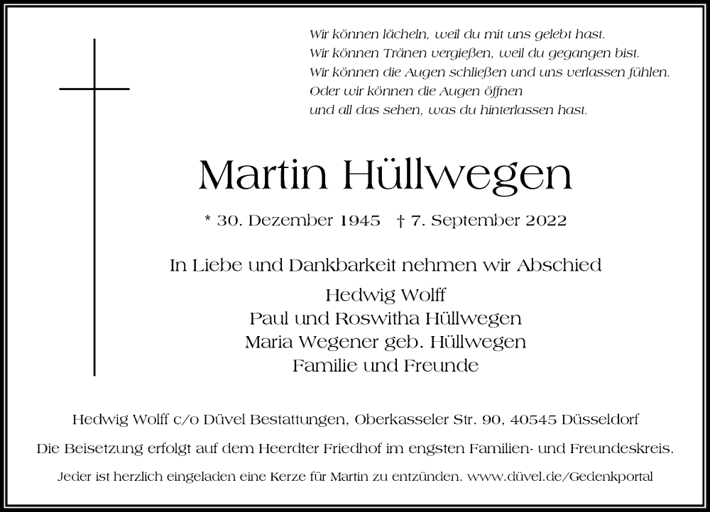  Traueranzeige für Martin Hüllwegen vom 17.09.2022 aus Rheinische Post
