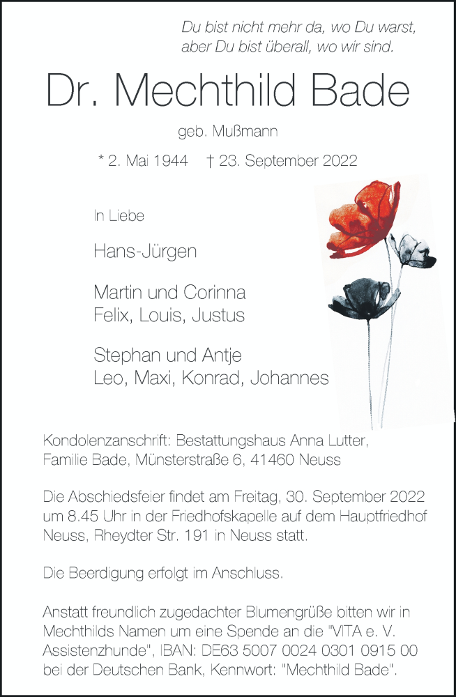  Traueranzeige für Mechthild Bade vom 28.09.2022 aus Rheinische Post