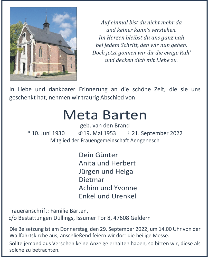  Traueranzeige für Meta Barten vom 26.09.2022 aus Rheinische Post