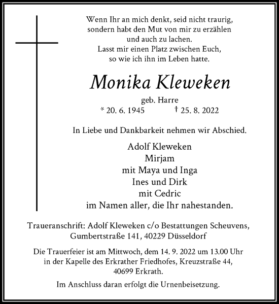 Traueranzeige von Monika Kleweken von Rheinische Post