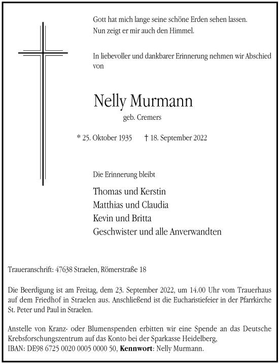 Traueranzeige von Nelly Murmann von Rheinische Post