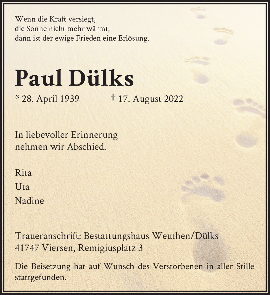  Traueranzeige für Paul Dülks vom 10.09.2022 aus Rheinische Post