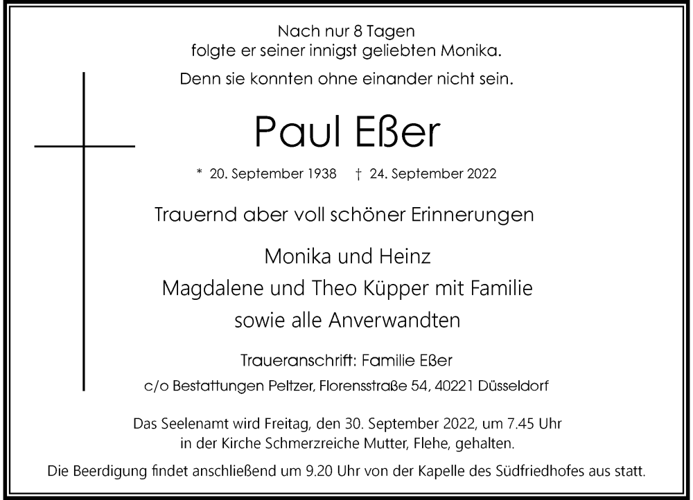  Traueranzeige für Paul Eßer vom 28.09.2022 aus Rheinische Post