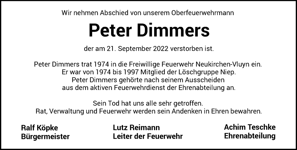  Traueranzeige für Peter Dimmers vom 01.10.2022 aus Rheinische Post