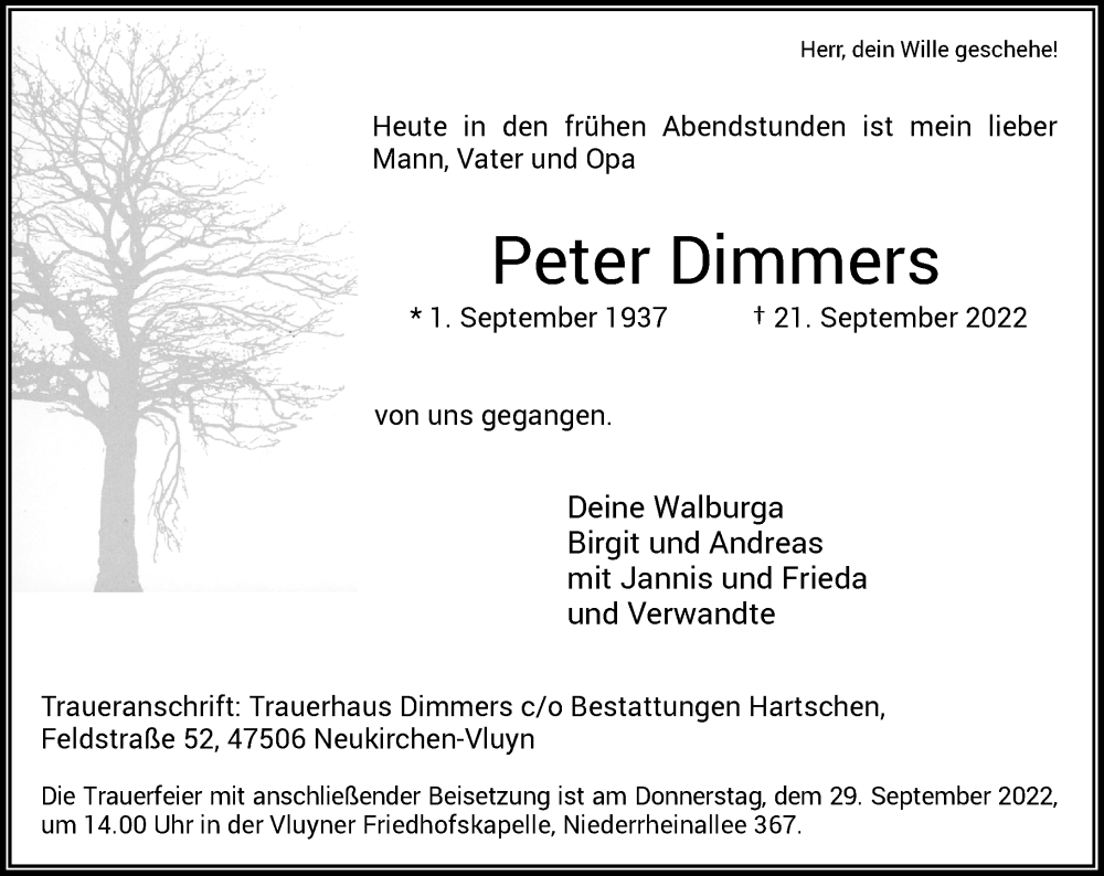  Traueranzeige für Peter Dimmers vom 26.09.2022 aus Rheinische Post