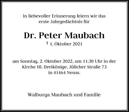 Traueranzeige von Peter Maubach von Rheinische Post