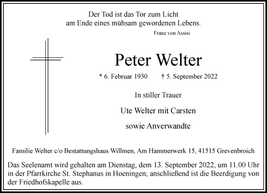 Traueranzeige von Peter Welter von Rheinische Post