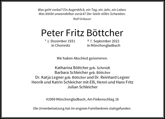 Traueranzeige von Peter Fritz Böttcher von Rheinische Post